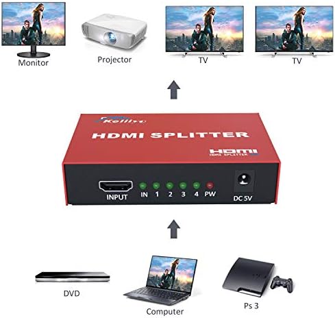 KELIIYO Hdmi Splitter 1 4 V1.4b Powered Hdmi Video Splitter AC Adapter Támogatja Ultra HD 1080P 4K@30Hz, illetve 3D-s Felbontás