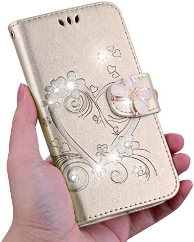 IKASEFU Kompatibilis az iPhone 7/8 Esetben,Csillogó Pillangó Strasszos Domborít a Szerelem Alakú Virágos Pu Bőr Gyémánt Bling