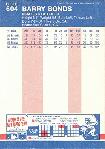 1987 Fleer Baseball 604 Barry Bonds Újonc Kártya