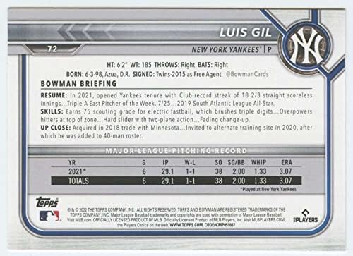 Luis Gil RC 2022 Bowman 72 ÚJONC NM+-MT+ MLB Baseball Yankees