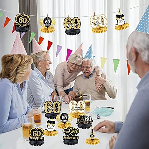 Boldog 60., Díszek Asztal Honeycomb Asztaldísz, 8db 60 házassági Évforduló Party Kellékek, Fekete Arany Hatvan Éves Évforduló