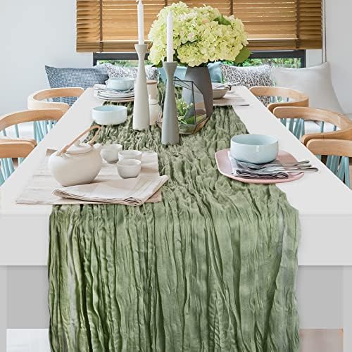 3 Db Cheesecloth asztali Futó Sage Green 35 x 118 Hüvelyk Bohém Géz Rusztikus Esküvői Menyasszonyi Tízórai Fél Vintage Dekoráció