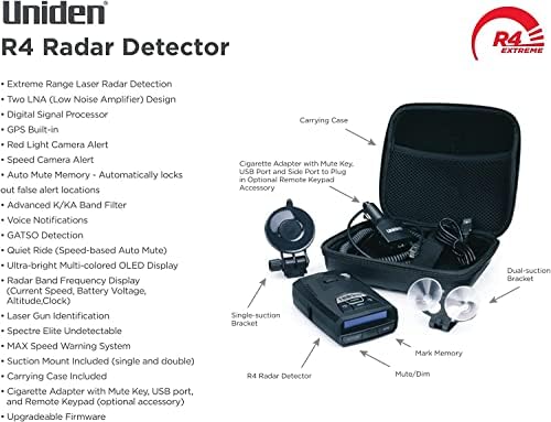 Uniden R4 nagy hatótávú Lézer/Radar Detektor & Brandmotion 2K Első/Hátsó GPS/WiFi Kamera Csomag. Beépített GPS, AUTOMATA