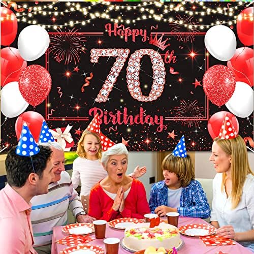 Vörös Boldog 70 éves Banner Dekoráció Férfiak, Nők, Nagy, Vörös, Fekete, Csillogó 70 éves Hátteret, Egészségedre, hogy 70