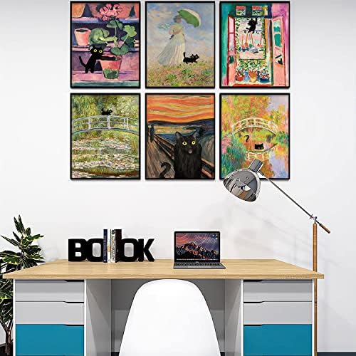 Fura, Fekete Macska Wall Art Készlet 6 Vintage Monet Matisse Vászon retro Grafika, Plakátok Szoba Esztétikai Nappali, Fürdőszoba,