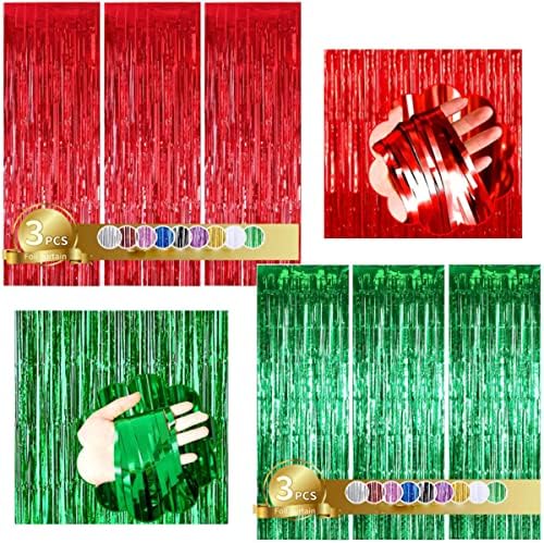 6 db Fólia béren kívüli Függöny Karácsonyi Party Dekoráció Karácsonyi Dekoráció Hátteret, 3.28 x 8.2 ft Piros & Zöld Fémes