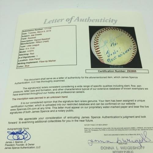 Joe Cronin Egyetlen Aláírt Dedikált Baseball SZÖVETSÉG COA - Dedikált Baseball