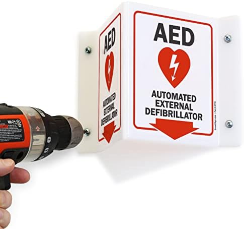 SmartSign AED Automata Külső Defibrillátor Kétoldalas V-Alakú Kiálló Jel a Lefelé mutató Nyílra, 6 x 5 hüvelyk, 120 millió