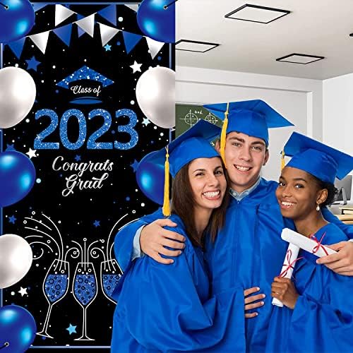 BINQOO 3x6ft Congrats Grad 2023 Ajtót Borító Kék Érettségi Osztály 2023 Szertartás Háttér Csillogó Üveg Érettségi Parti Dekoráció