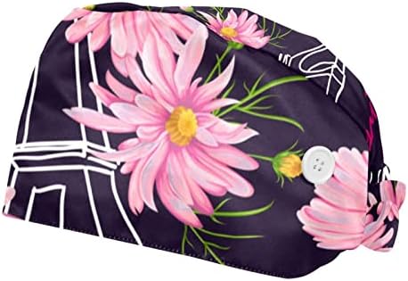 2 Db Unisex Bouffant Sapkák Gombok Nyakkendő Vissza Sapkák Hajpánt a Nők, Férfiak, Párizsi Eiffel-Torony virágmintás