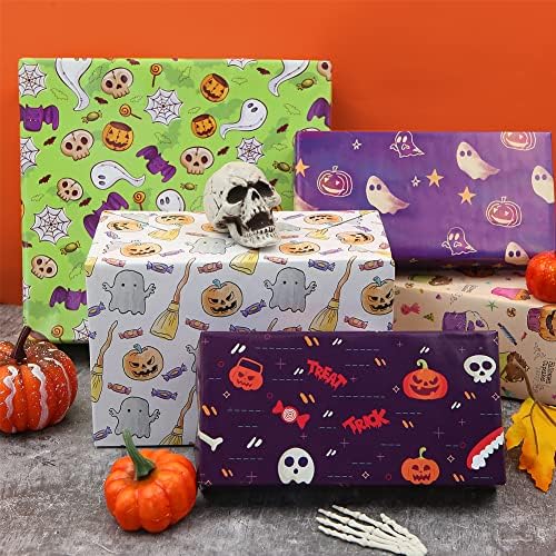 Halloween Csomagolópapír,Tök Koponya Szellem Bat Torta Vicces Ajándék Csomagolópapír 20x28 inch,10 Lap 5 Stílus Ajándék Wrap