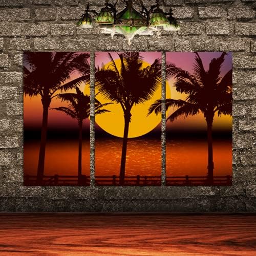3 Db Olajos Ujjlenyomatok Wall Art Naplemente Coconut Palm Tree Sziluett Beach Képek, Modern Festmény Nappali, Hálószoba,