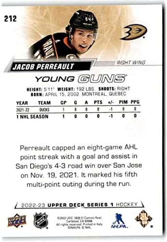 2022-23 Felső szint 212 Jacob Perreault Young Guns RC Újonc Anaheim Ducks Sorozat 1 NHL Jégkorong Trading Card